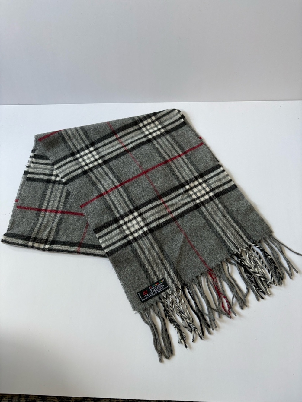 V Fraas Cashmink Plaid Scarf Gray Red Black Fringe Nova Check Germany Soft Vegan